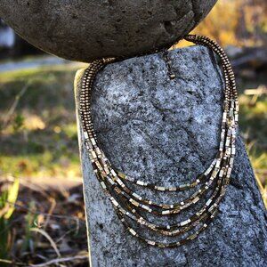 CHICO'S Multi-Strand Hammered Brass Bead Bib Necklace.